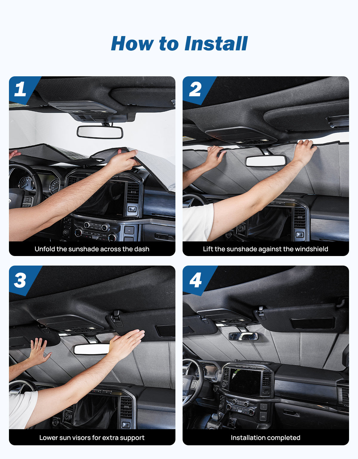 Custom Fit Rigid KT Board Windshield Sun Shade for Ford F-150, F-250 & F-350 (2015–2026)