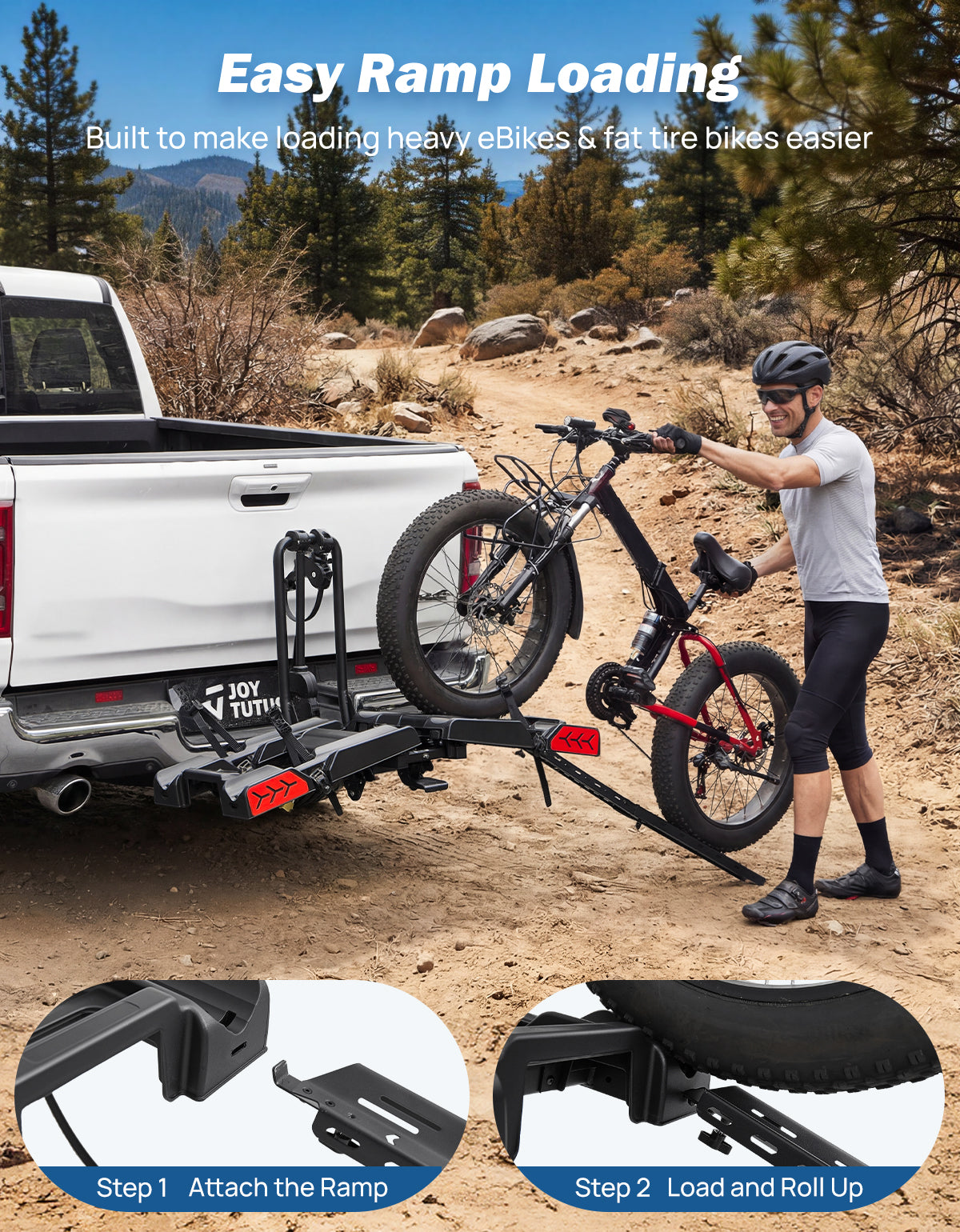 Hitch E-Bike Rack with Ramp for 2 E-Bikes, Built-in Wheels