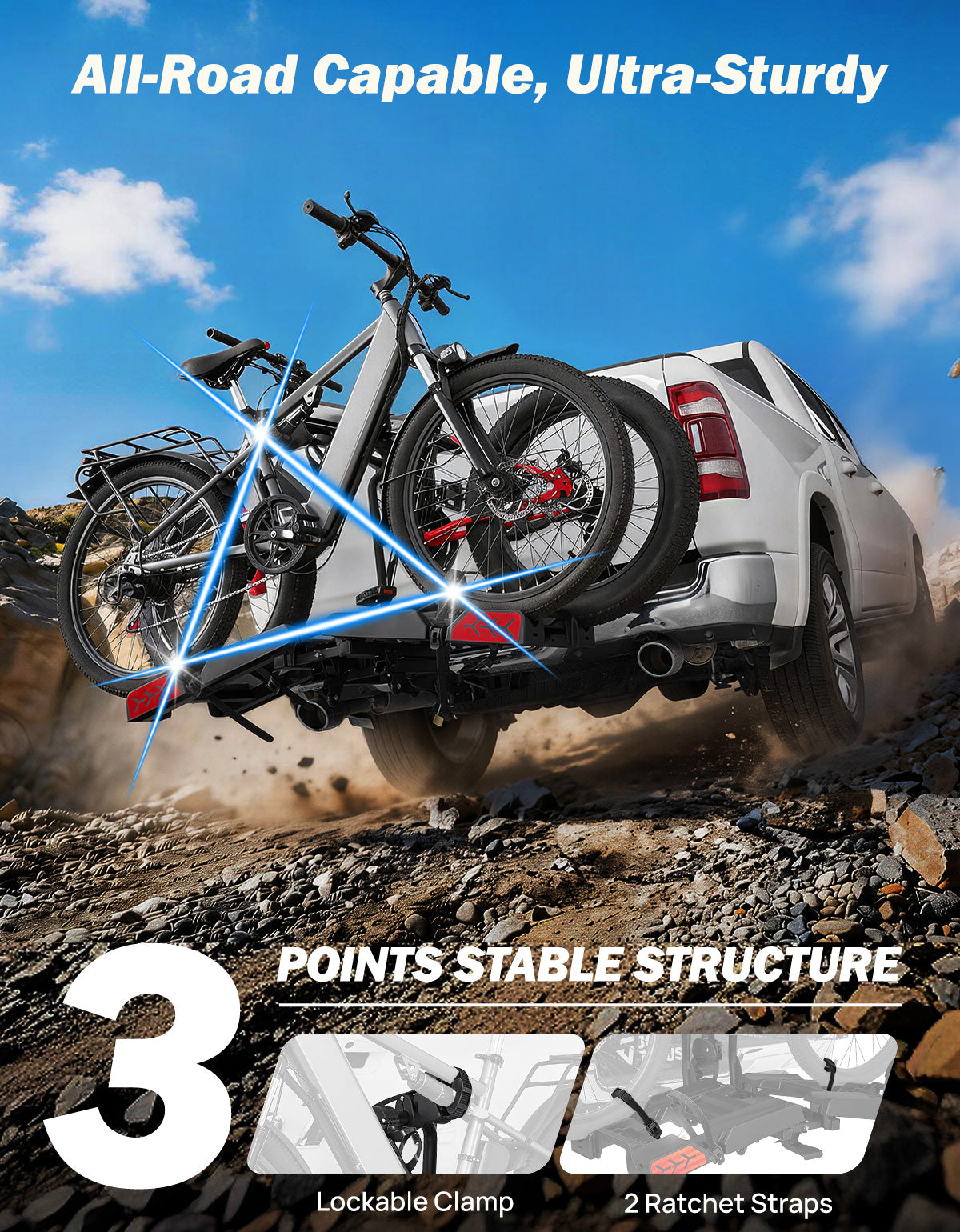 Hitch E-Bike Rack with Ramp for 2 E-Bikes, Built-in Wheels