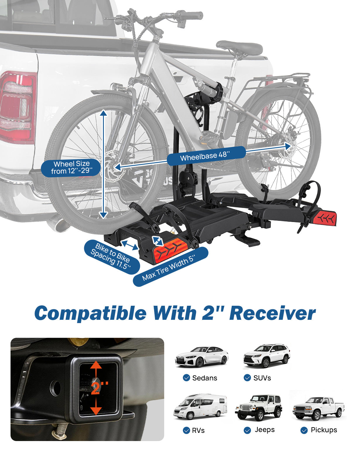 Hitch E-Bike Rack with Ramp for 2 E-Bikes, Built-in Wheels