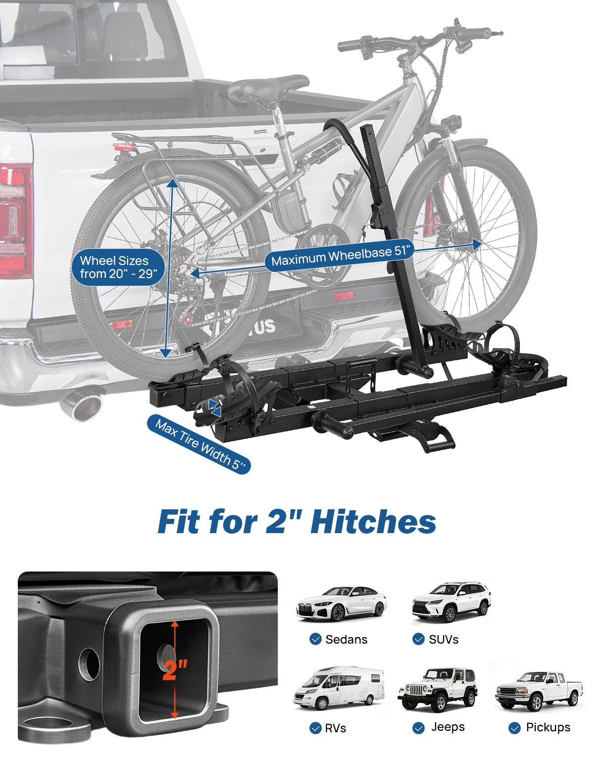 Heavy Duty 2-Bike Hitch E-Bike Rack with Ramp – 180 lbs Capacity for 2" Receiver