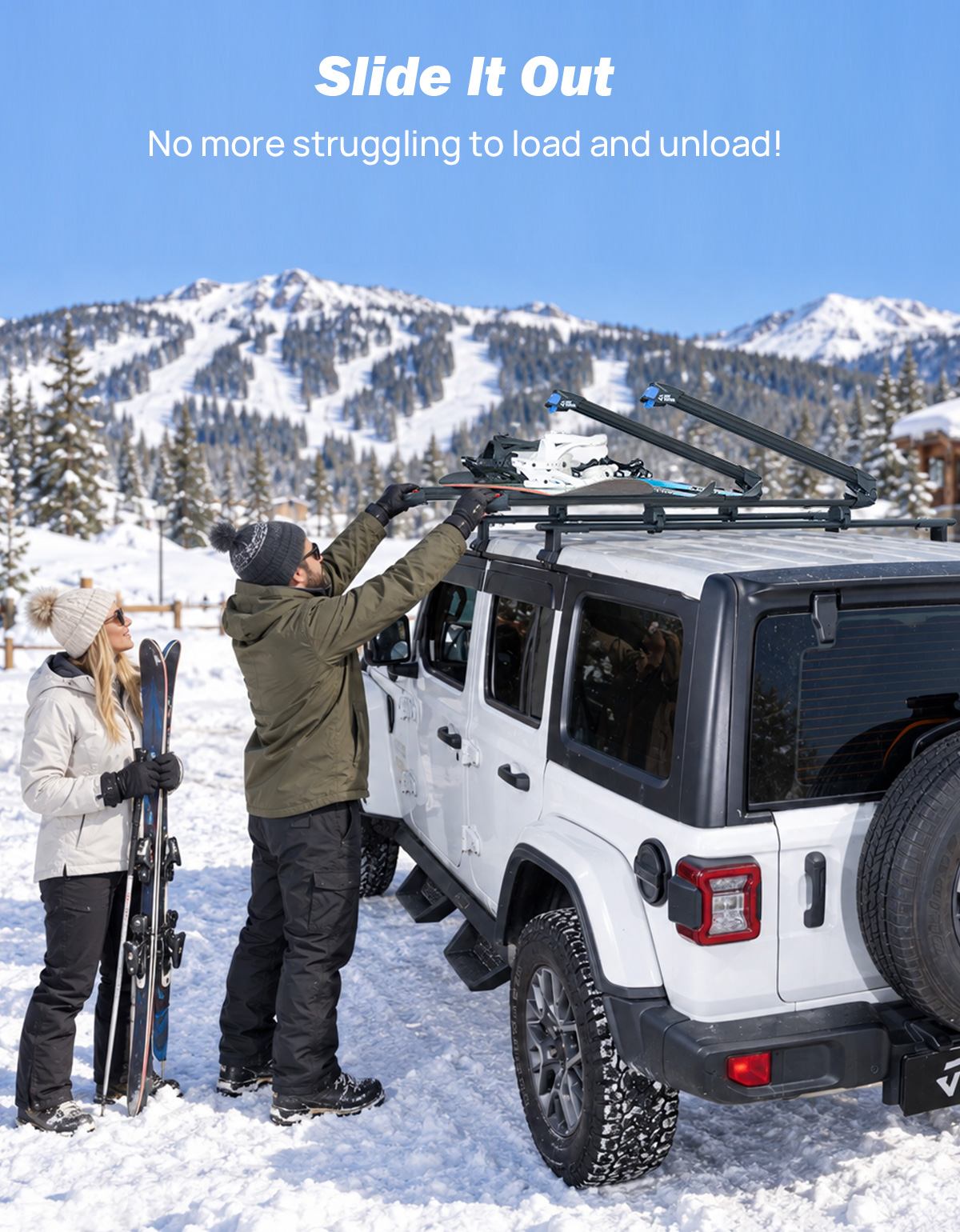 A couple picks their snowboard mounted on the ski rack