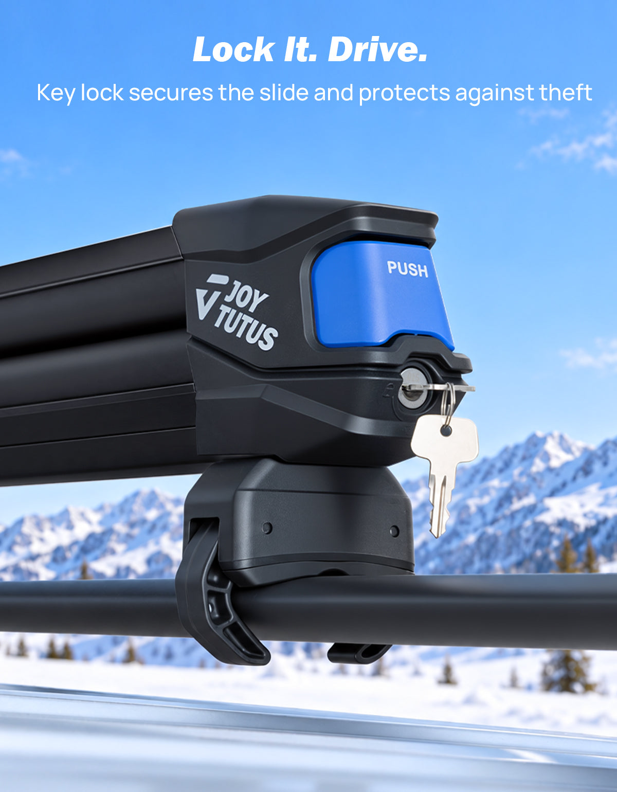 Joytutus roof rack slide with a blue lock panel and attached keys