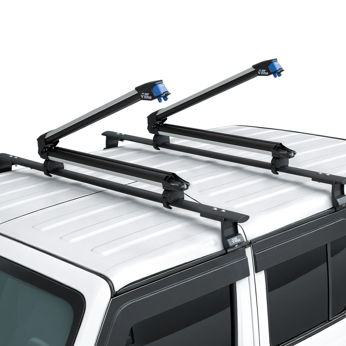 Black roof rack crossbars with blue quick-release buckles