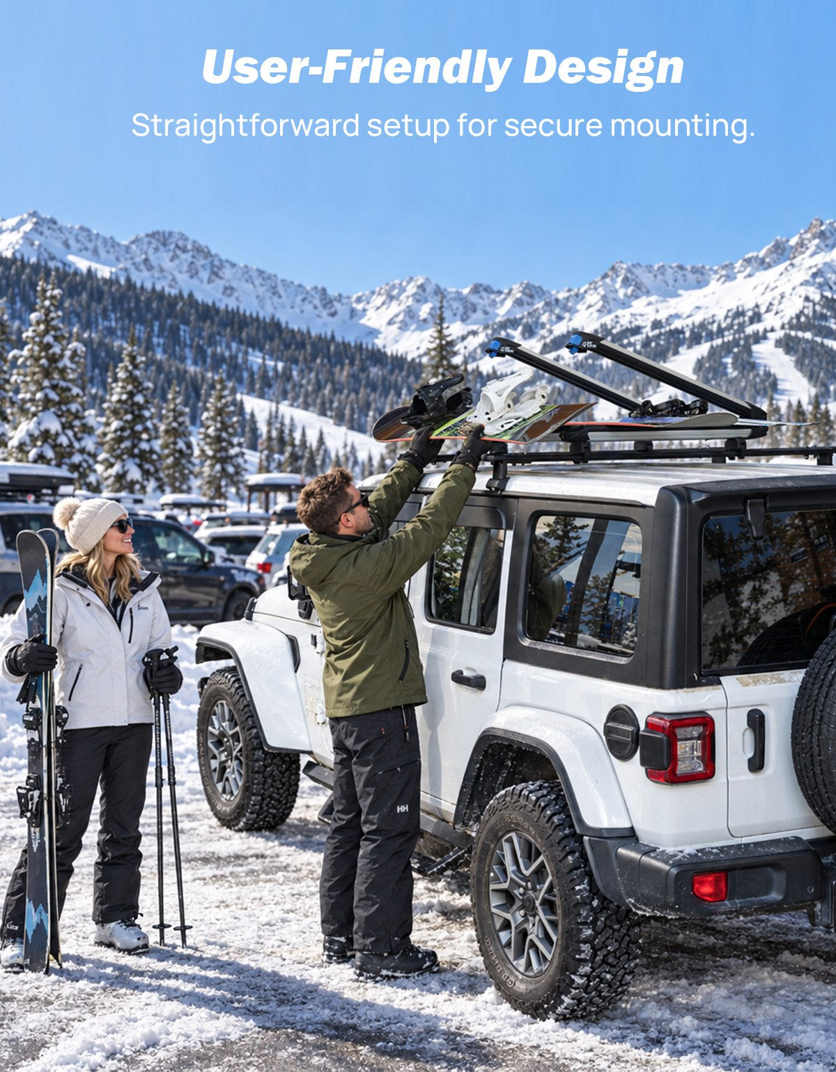 user-friendly setup of a ski rack mounted to the roof of a white Jeep.