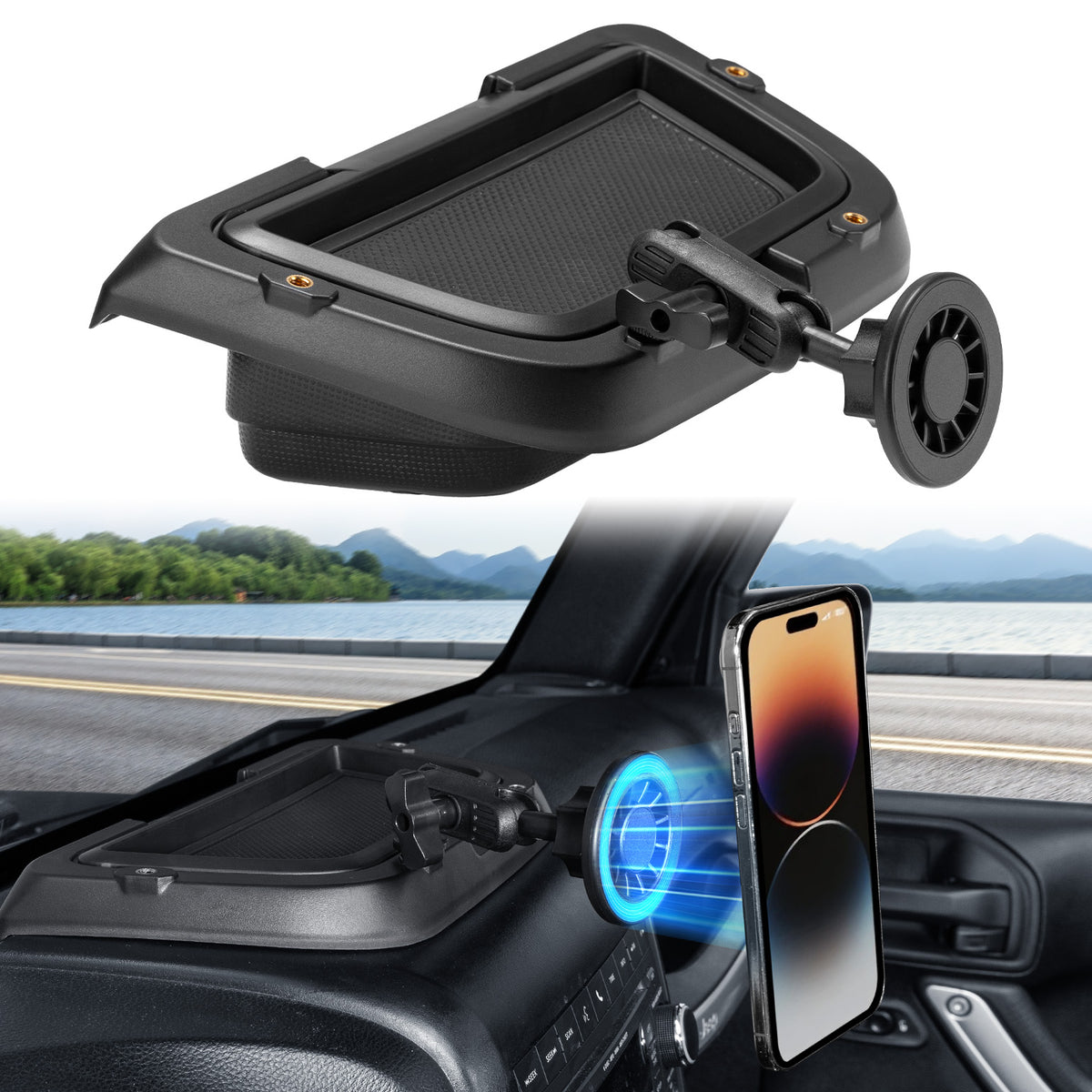 Magnetic Phone Mount & Dash Storage Tray for 2011–2018 Jeep Wrangler JK/JKU