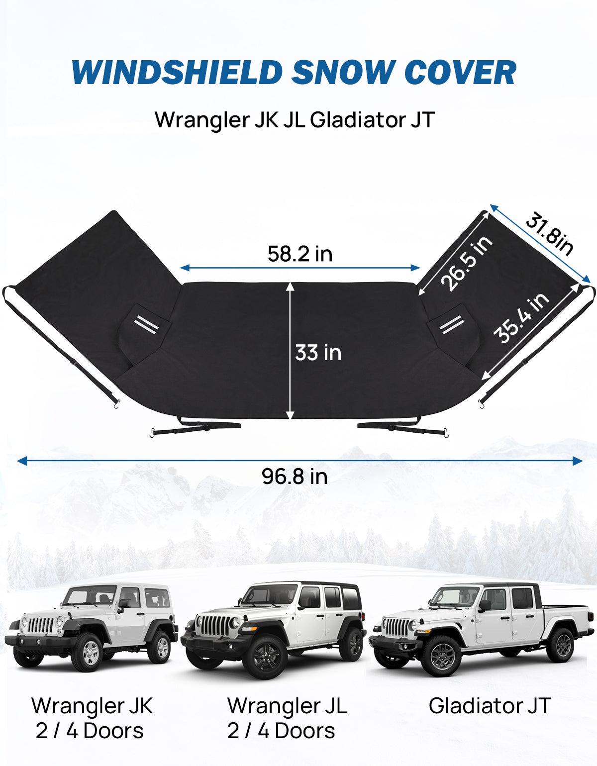 Windshield Snow Cover for Jeep Wrangler JK/JL & Gladiator JT, with Side Window & Mirror Protection