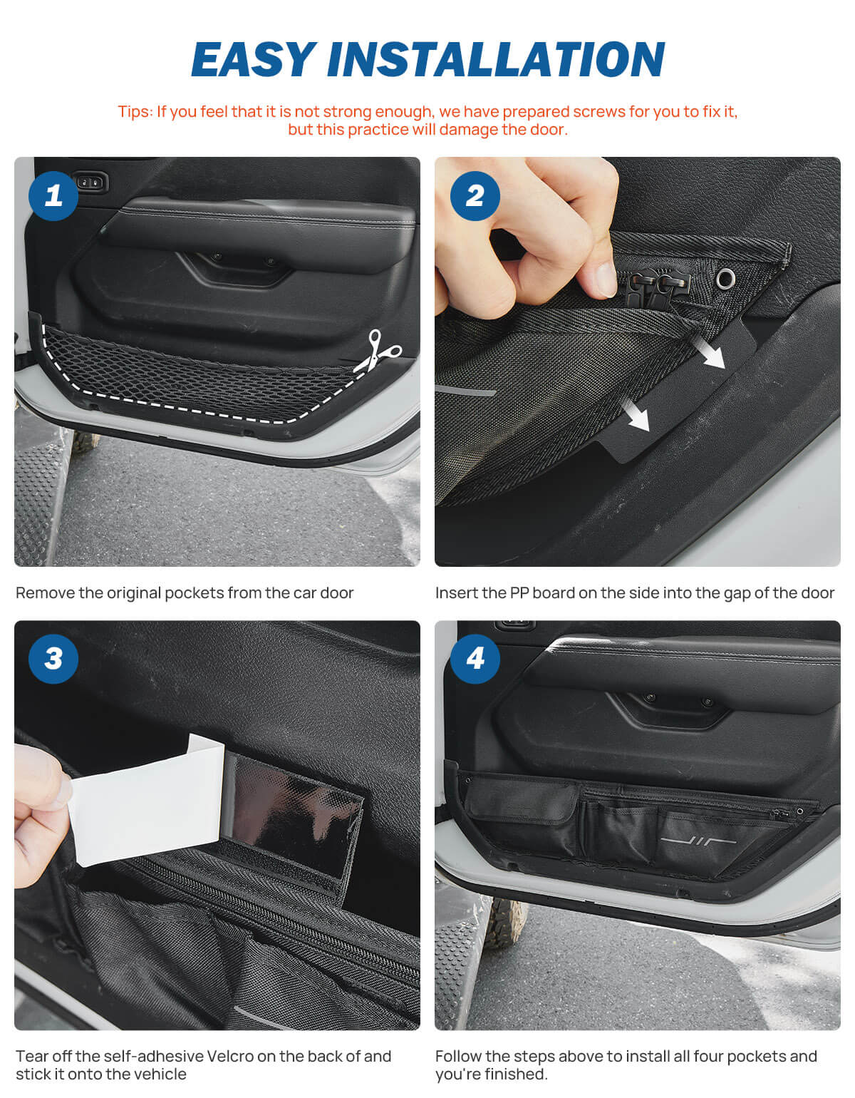 Car Door Storage Pockets Compatible with Wrangler JL & Gladiator JT, 4 Packs