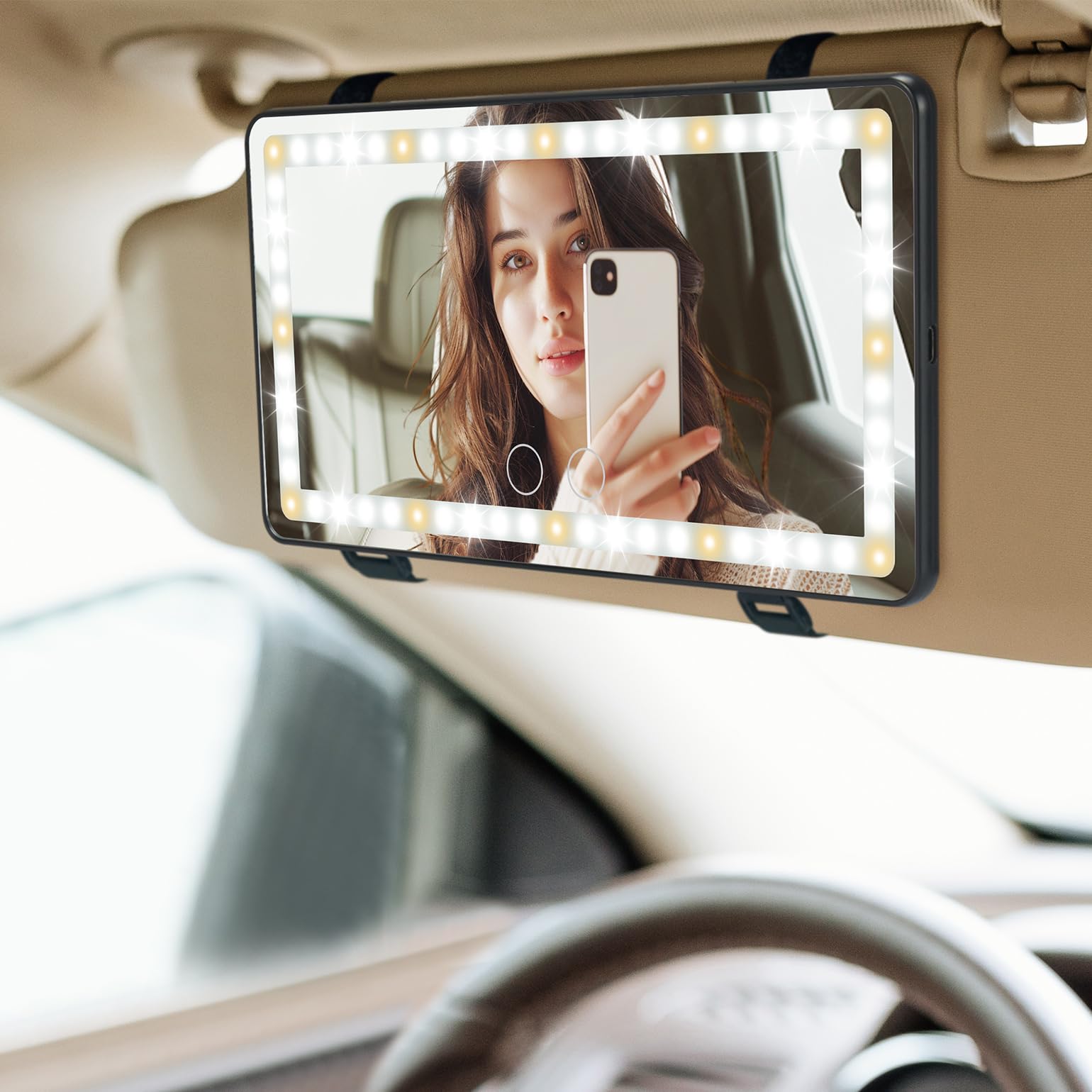 Car Sun Visor Vanity Mirror with Lights, Rechargeable 60 LED