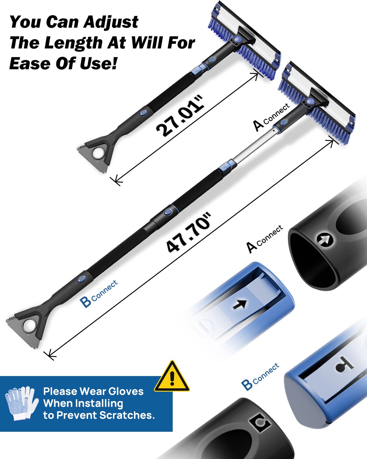 47.7″ Extendable Snow Brush and Ice Scraper, 270° Pivoting Snow Scraper Brush for Car Windshield