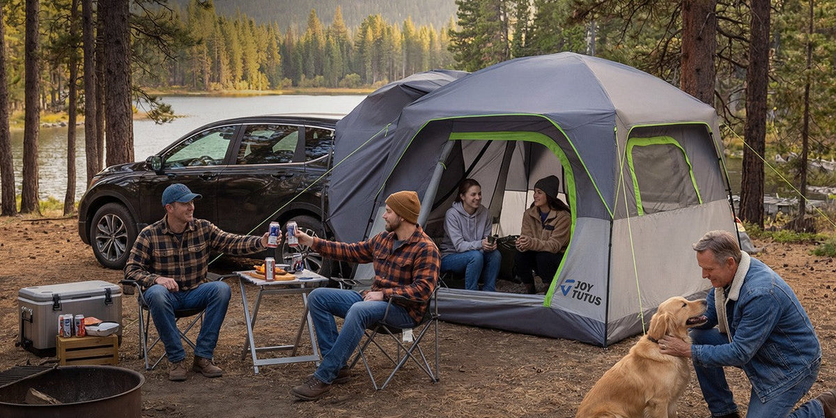 family camping in a forest with a suv tailgate tent