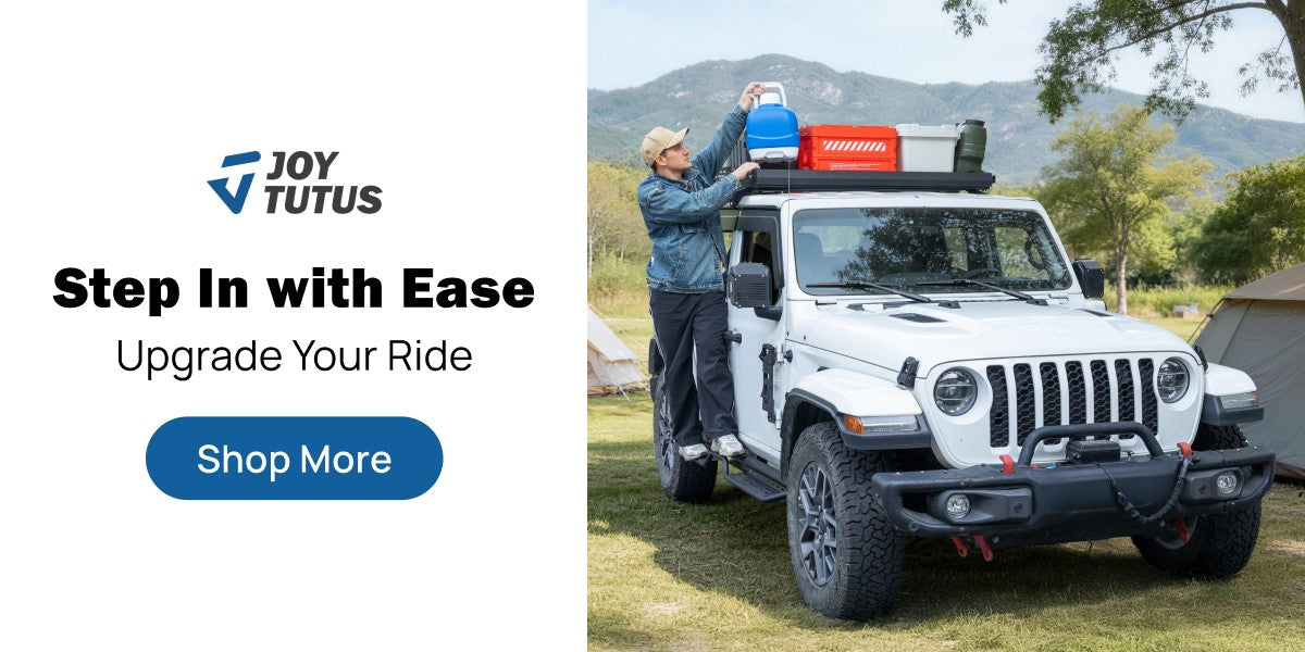 A man standing on JOYTUTUS running boards for Jeep is placing items on roof racks