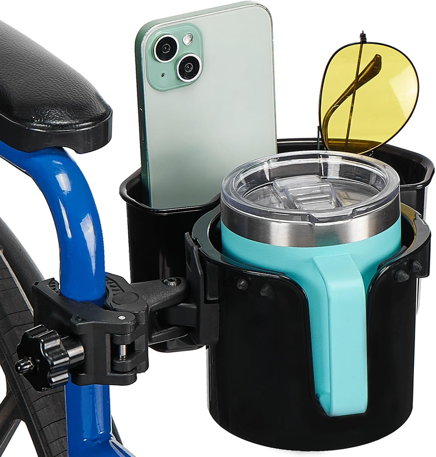 JOYTUTUS Wheelchair Cup Holder, 2-in-1 Walker Cup Holder with 6.4'' Large Storage Box, Drink Holder for Bottle with Handle, Fit for Wheelchair, Walker, Rollator, Stroller, Camper, Golf cart (Large)