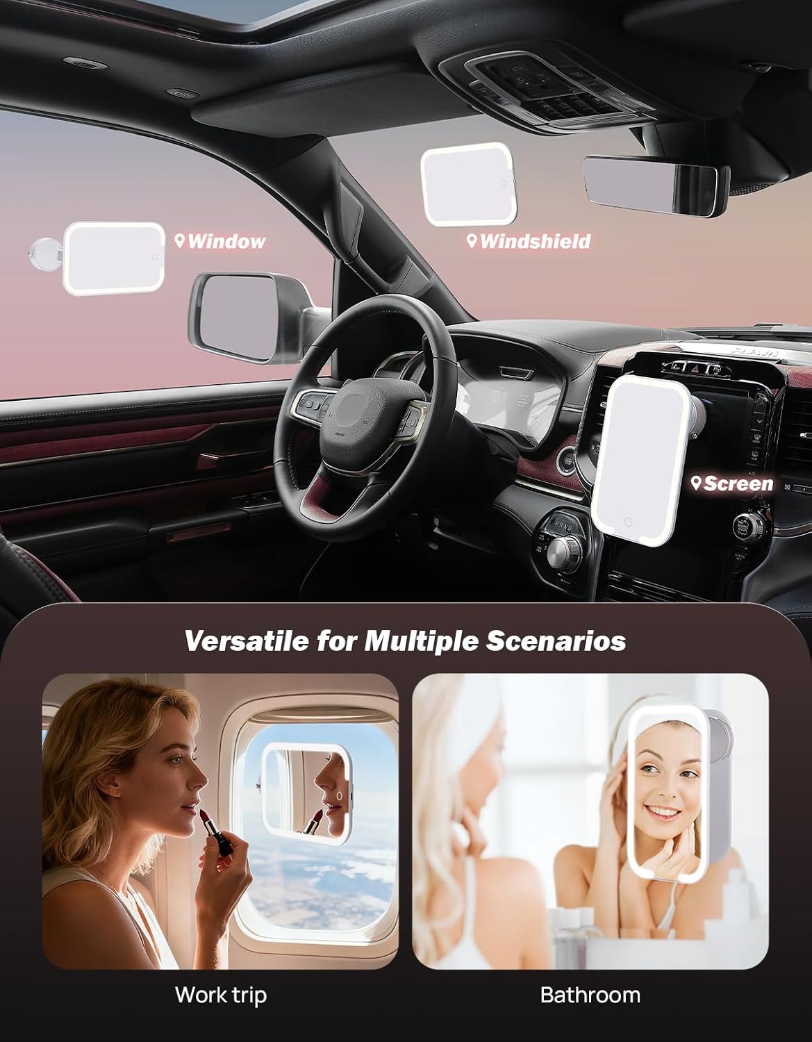 Car Vanity Mirror with Lights, Suction Cup Rechargeable 3 Modes
