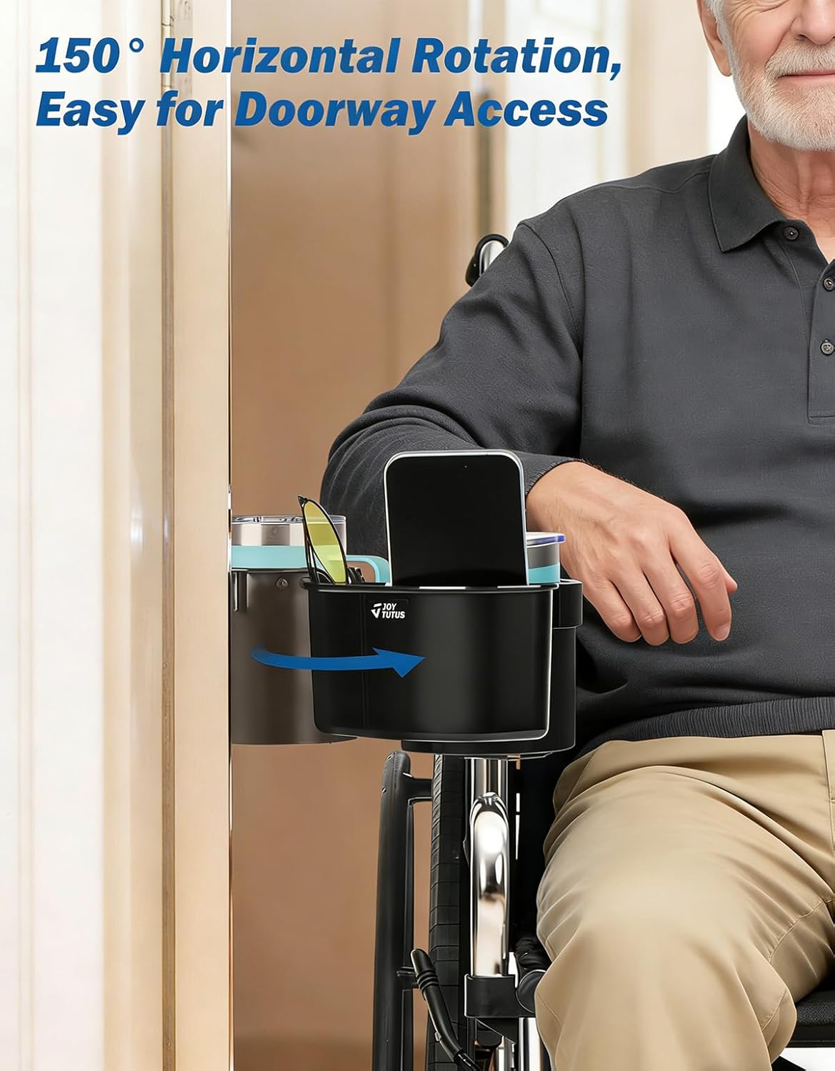 JOYTUTUS Wheelchair Cup Holder, 2-in-1 Walker Cup Holder with 6.4'' Large Storage Box, Drink Holder for Bottle with Handle, Fit for Wheelchair, Walker, Rollator, Stroller, Camper, Golf cart (Large)