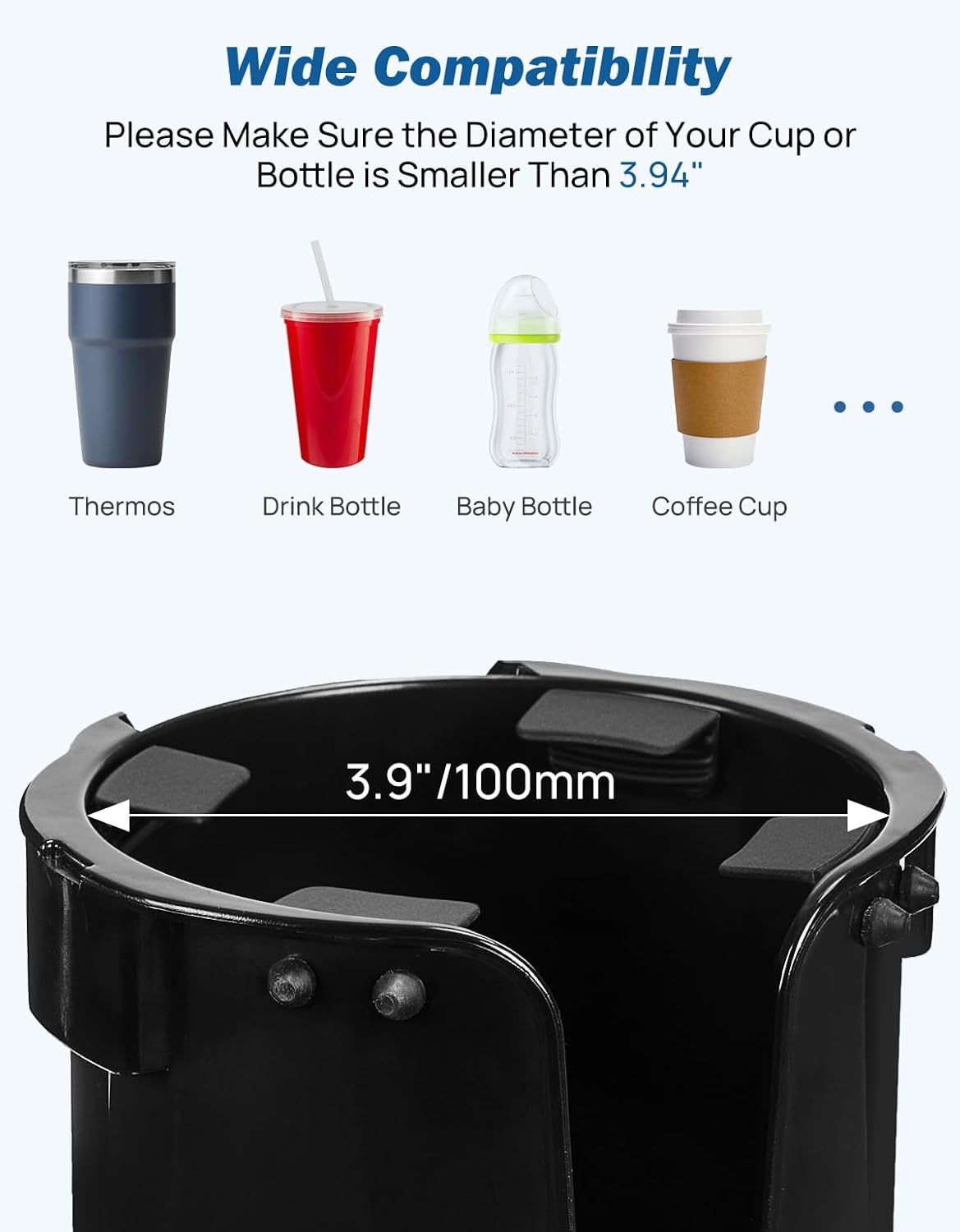 JOYTUTUS Wheelchair Cup Holder, 2-in-1 Walker Cup Holder with 6.4'' Large Storage Box, Drink Holder for Bottle with Handle, Fit for Wheelchair, Walker, Rollator, Stroller, Camper, Golf cart (Large)