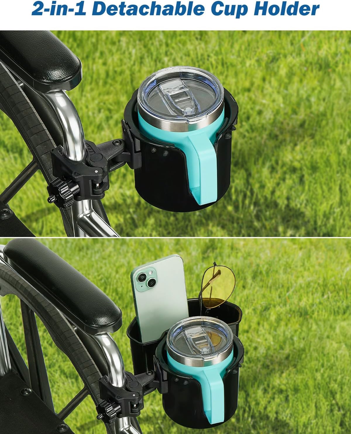 JOYTUTUS Wheelchair Cup Holder, 2-in-1 Walker Cup Holder with 6.4'' Large Storage Box, Drink Holder for Bottle with Handle, Fit for Wheelchair, Walker, Rollator, Stroller, Camper, Golf cart (Large)