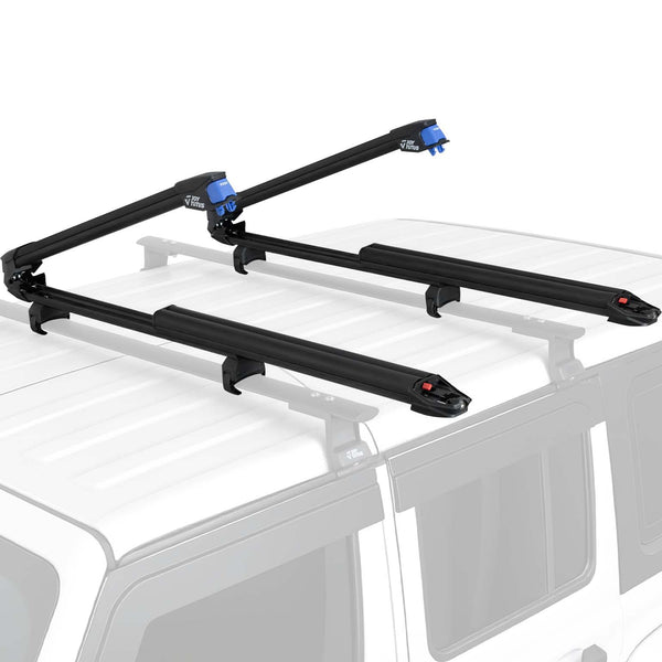 ski roof rack mounted on the crossbar of Jeep