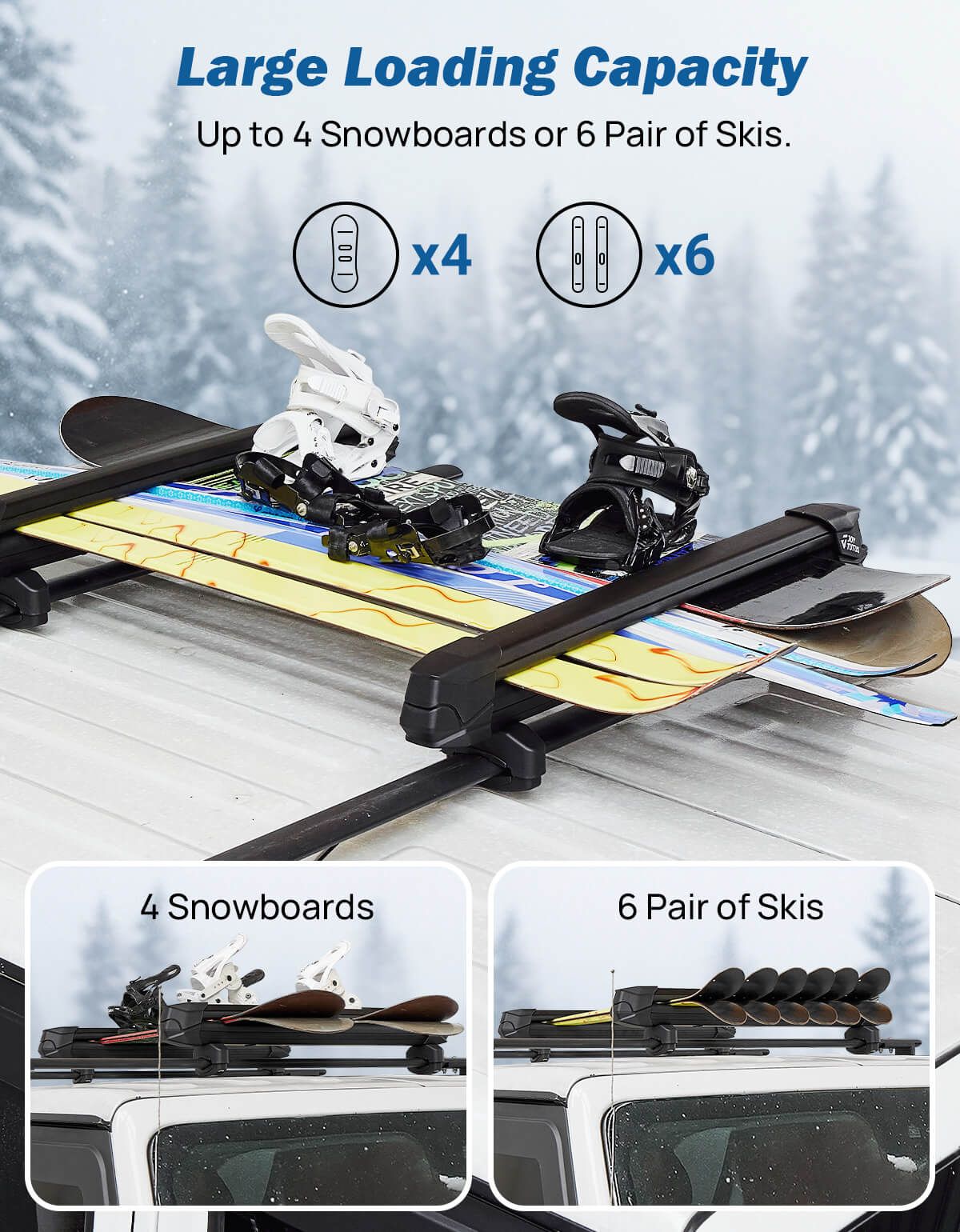 Universal Lockable Ski & Snowboard Roof Rack, 6 Skis / 4 Boards