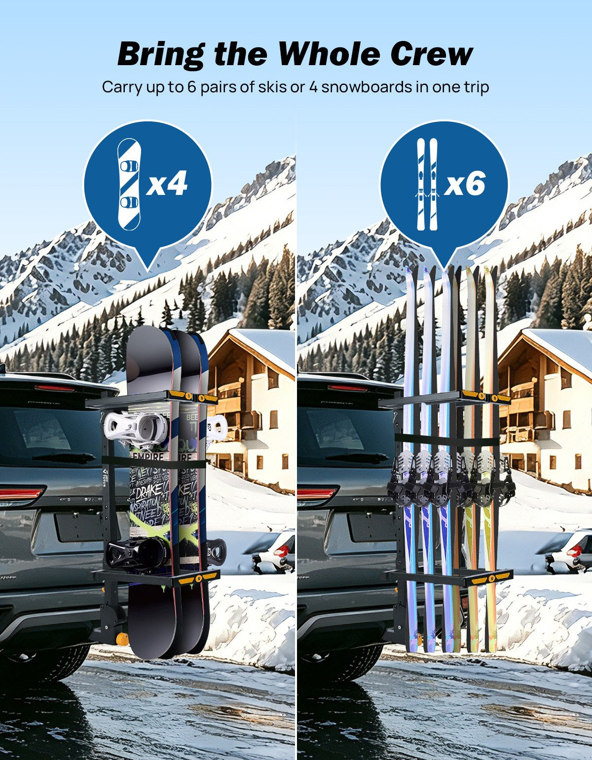 Hitch Ski & Snowboard Rack for 2" Receiver | 120° Tilt, Dual Locking, Holds 6 Pairs of Skis / 4 Snowboards