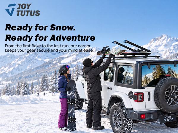 Two people handling a mounted snowboard on the ski roof rack