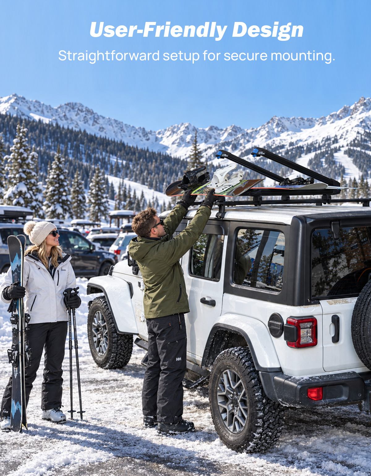 A man mounts a ski rack on the roof of a white Jeep