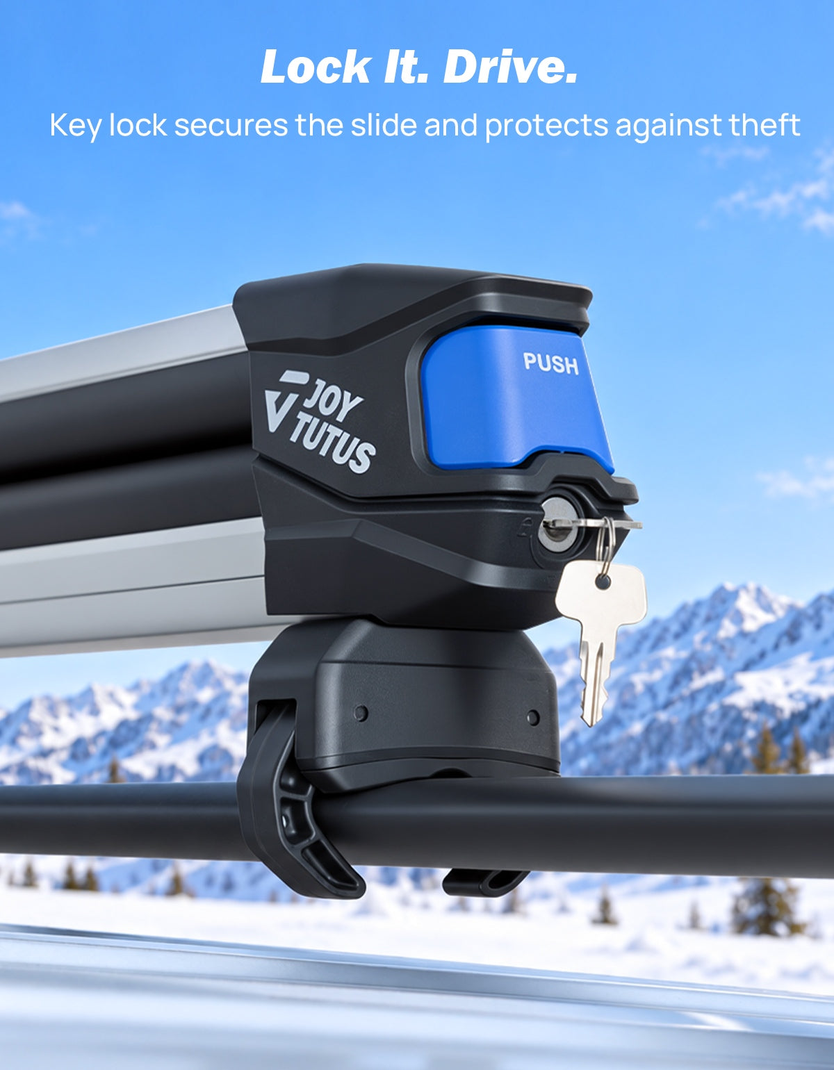 A Joytutus roof rack slide lock with a key inserted, 