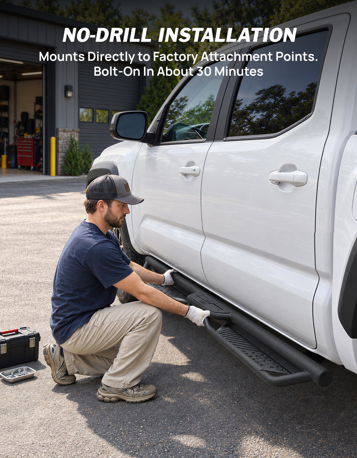 A man is installing Tacoma running boards for his truck