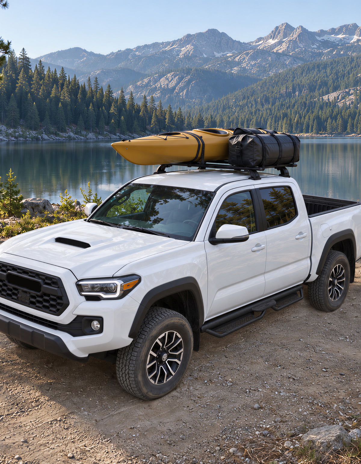 Kayak and bag placed on the top of 4th-Gen Tacoma truck