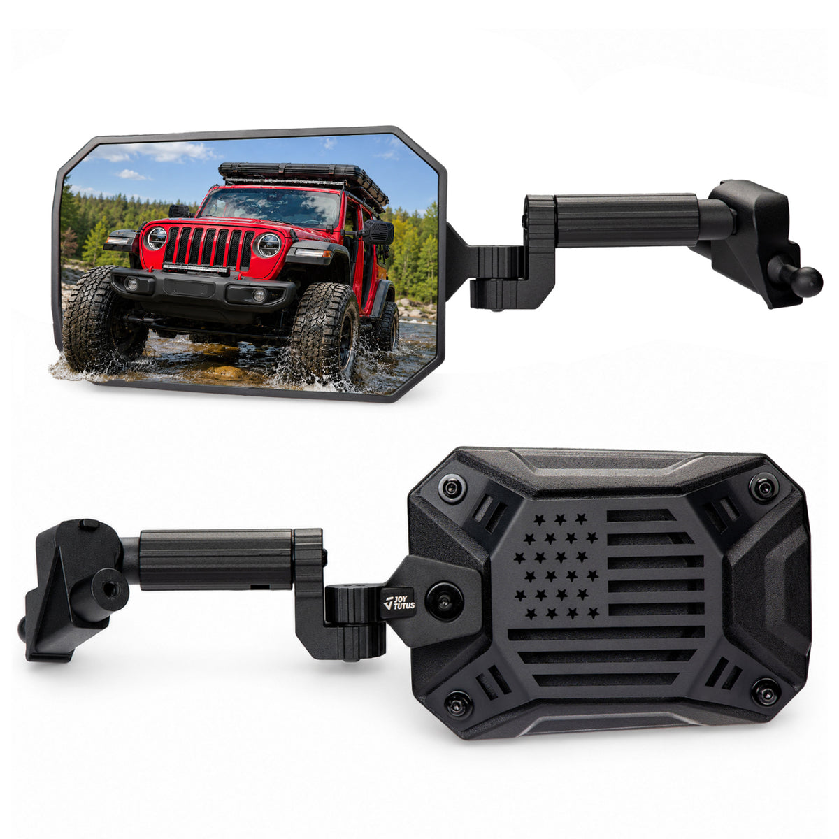 A black off-road vehicle rearview Jeep mirror doors off with an adjustable mounting arm, shown from both front and back angles on a white background. The top view shows the mirror reflecting a red Jeep.