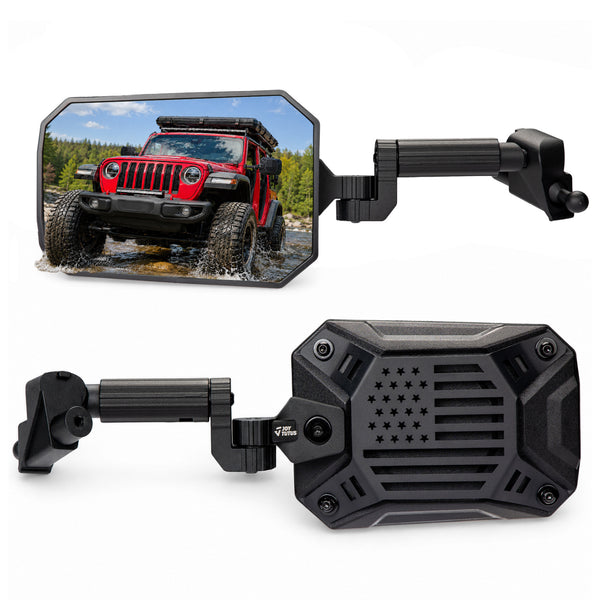 A black off-road vehicle rearview Jeep mirror doors off with an adjustable mounting arm, shown from both front and back angles on a white background. The top view shows the mirror reflecting a red Jeep.
