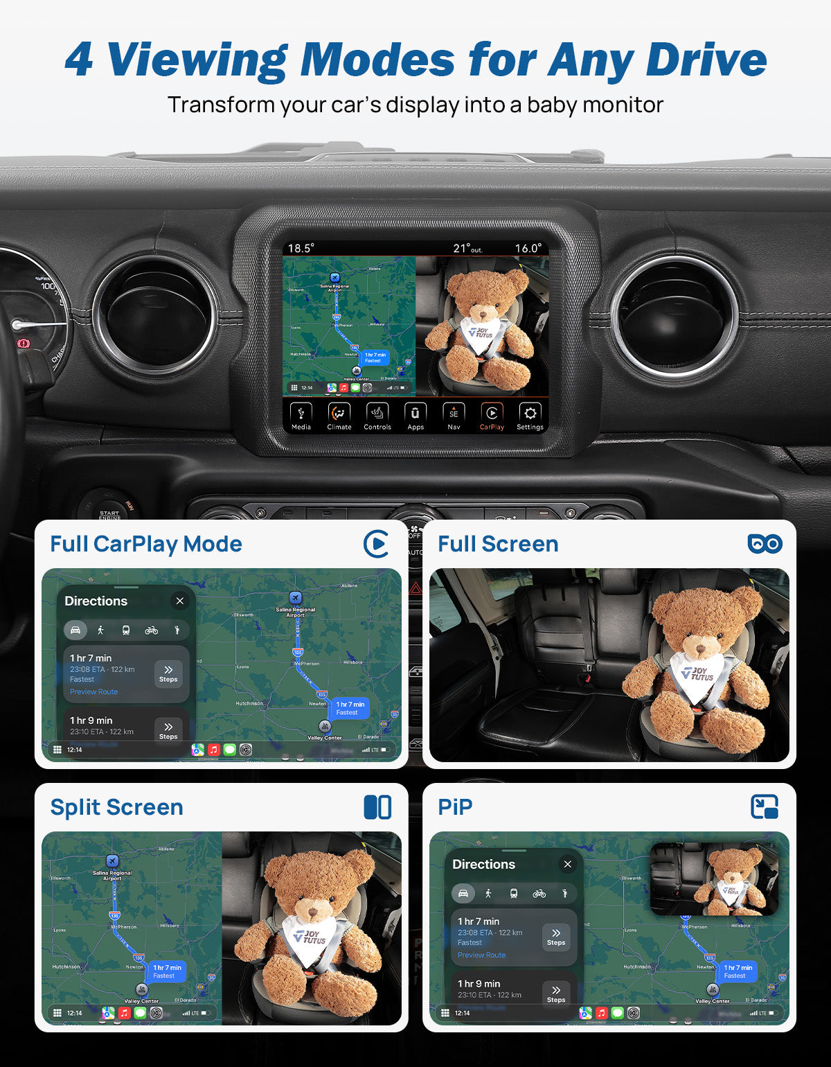Car dashboard with a screen displaying baby monitor features and modes.