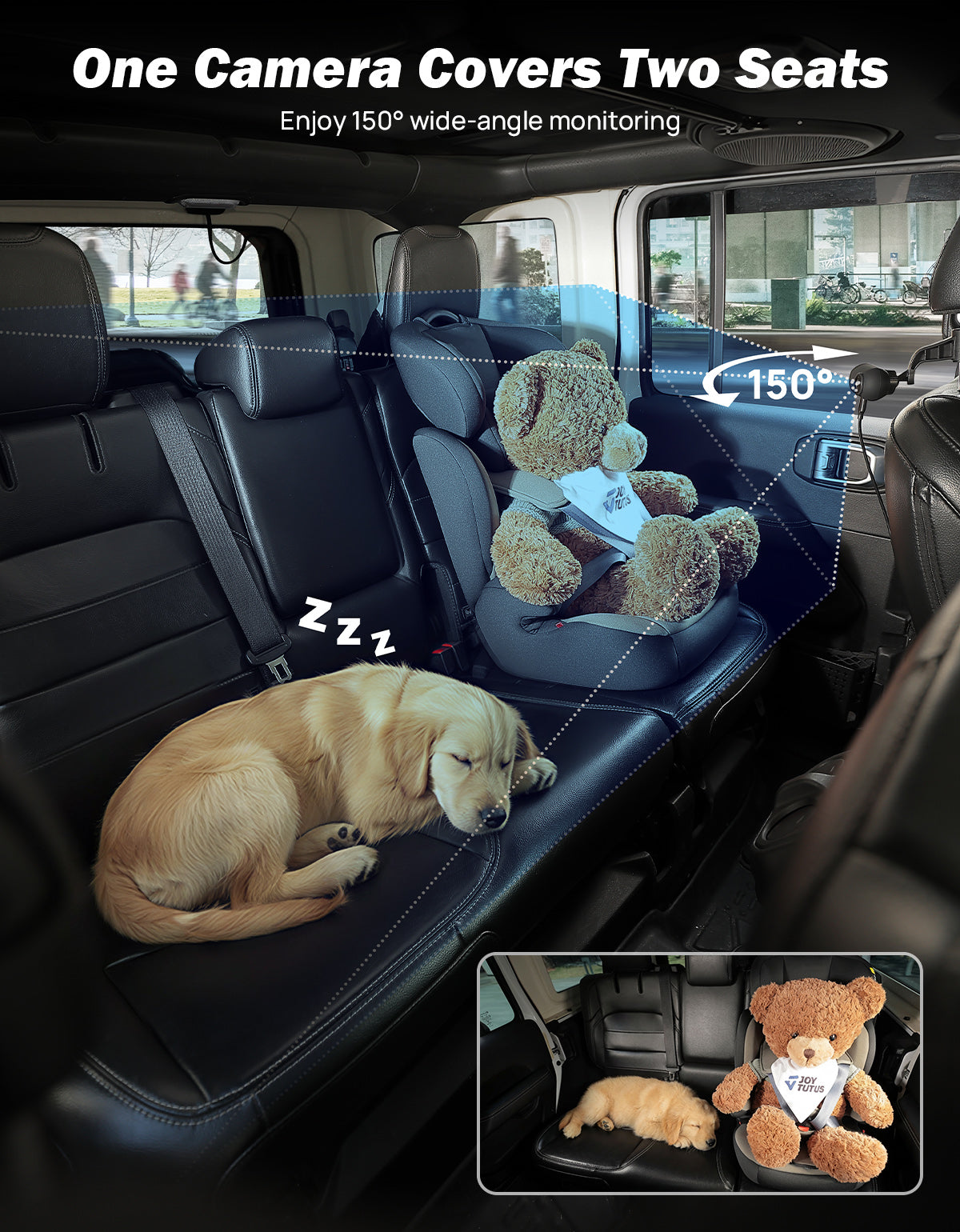 Car interior with a teddy bear and sleeping dog; Joytutus CarPlay baby camera covers 150° wide-angle monitoring.