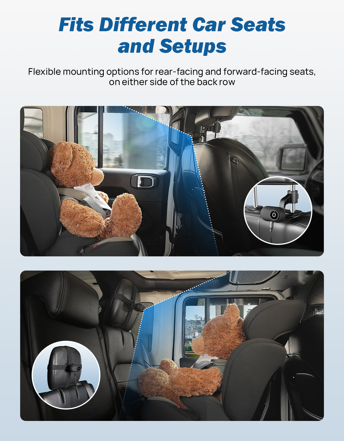 Joytutus car seat camera for baby fits different back seats and setups because of its flexible mounting options feature.