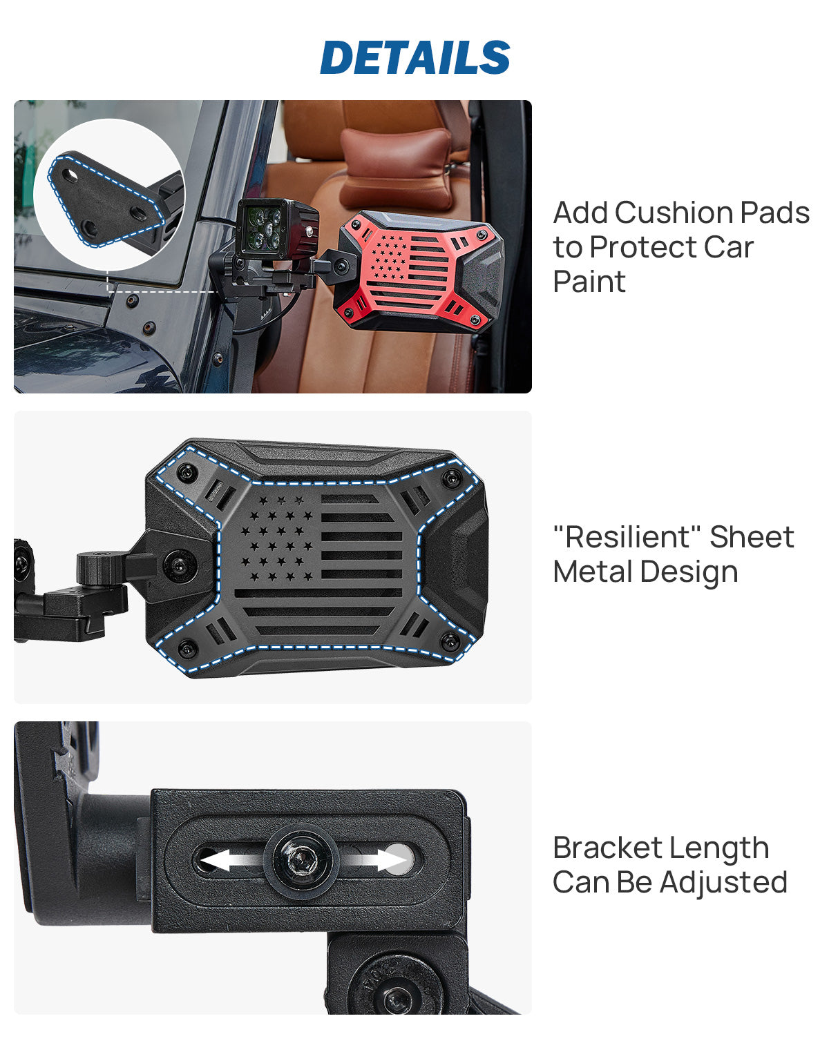 Adjustable Side Mirrors with Spot Light Mount for Wrangler TJ/JK/JKU 1997–2018