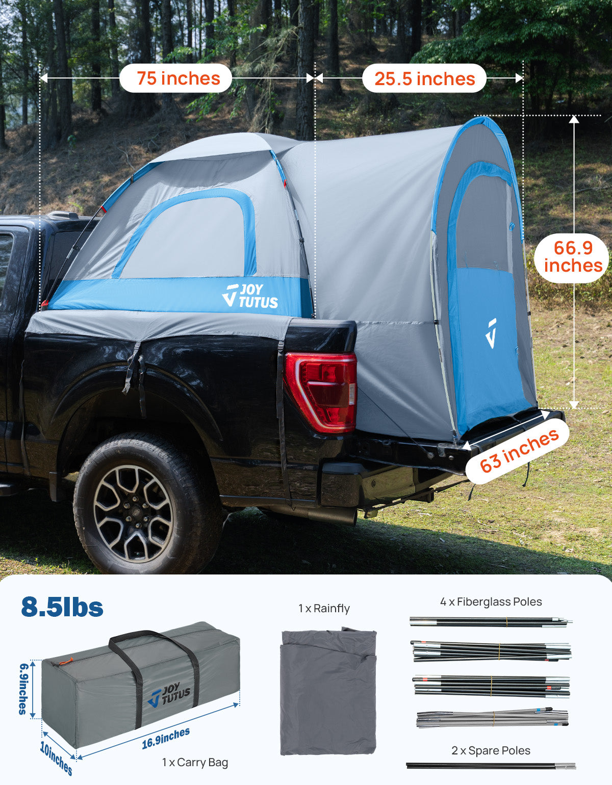 Truck Bed Tent with Rainfly, PU2000 Waterproof Double Layer, 2-Person