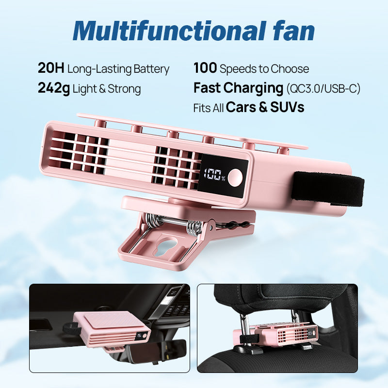 Car Cooling Fan for Backseat Front Rear Seat Clip on Sun Visor Fan Pink 3000mAh Rechargeable Battery for SUV RV UTV Truck