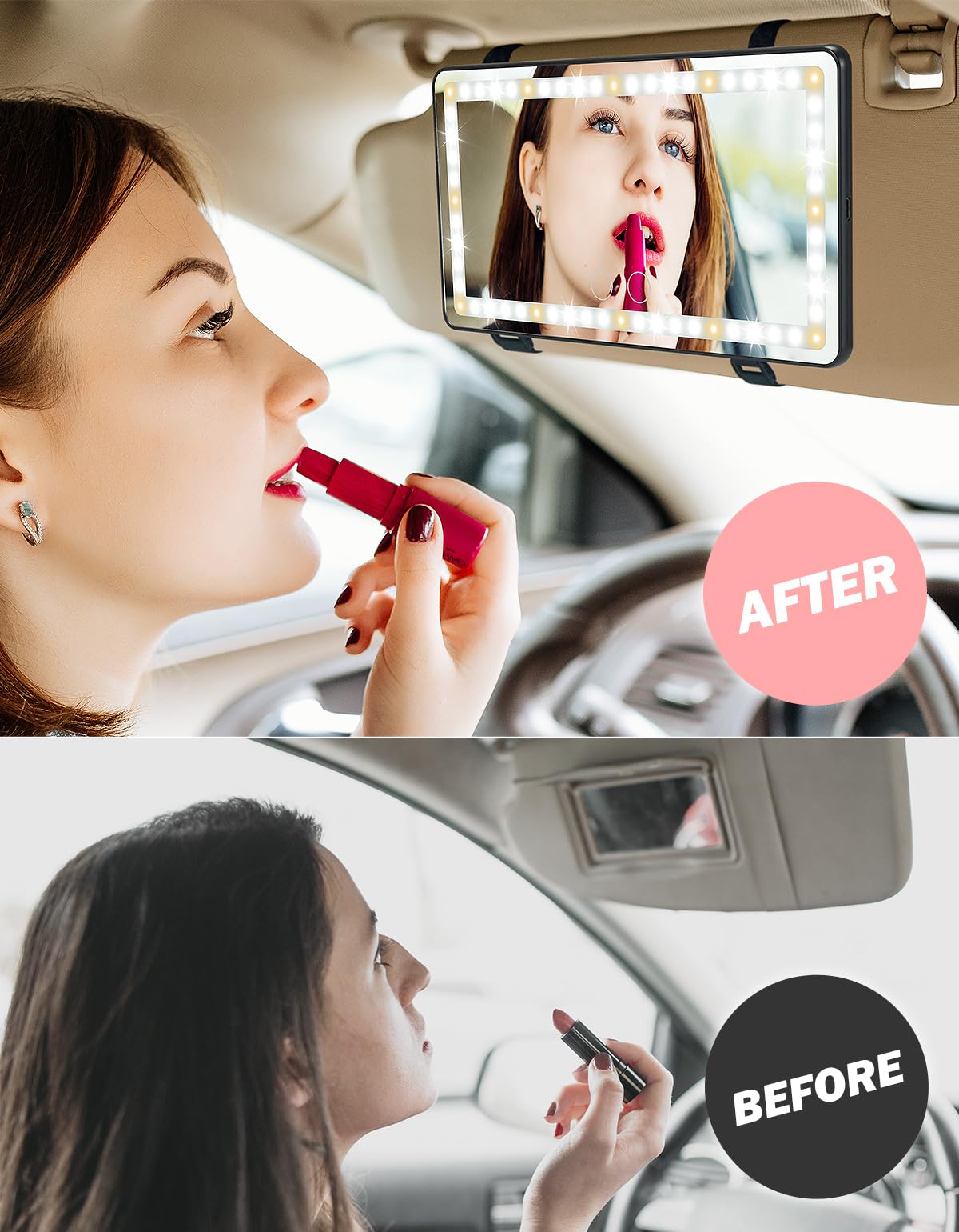 Car Sun Visor Vanity Mirror with Lights, Rechargeable 60 LED